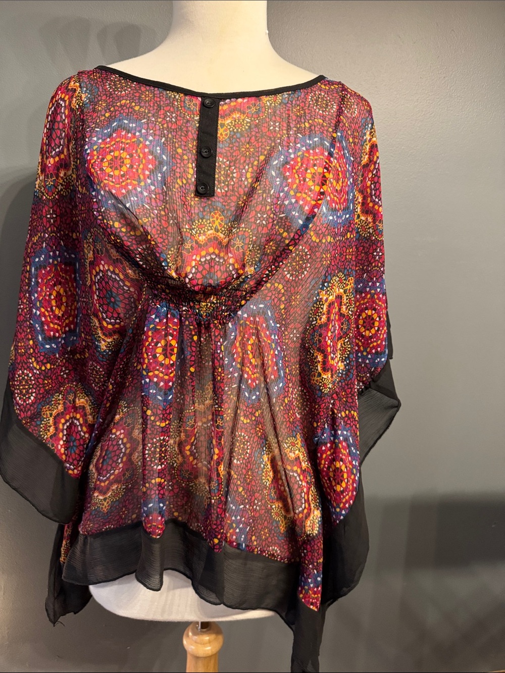 Olsenboye Multicolor Sheer Boho Tunic with Black Trim